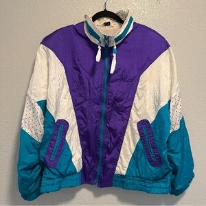 Vintage 80s Jacket Colorblock Purple White Blue Polkadots Women’s Size XL Gift